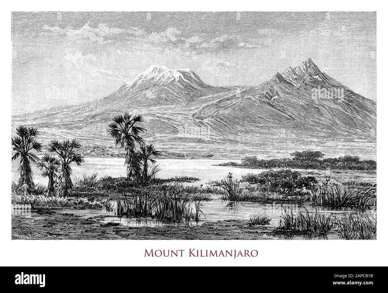 Belle vue sur le volcan endormi du mont Kilimandjaro en Tanzanie, la plus haute montagne d'Afrique en position isolée et avec un glacier équatorial de neige et de glace sur le sommet Banque D'Images