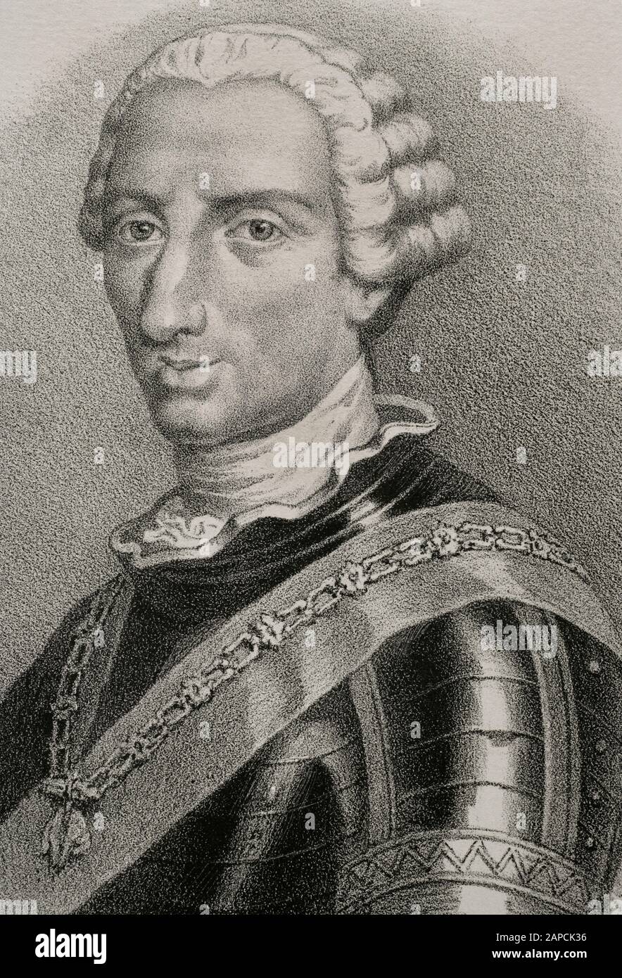 Charles III (1716-1788). Roi d'Espagne (1759-1788). Dessin de J. Cebrian. Portrait. Lithographie. Détails. Cronica général de España, Historia Ilustrada y Descriptiva de sus Provincias. Castilla-La Nueva, 1869. Banque D'Images