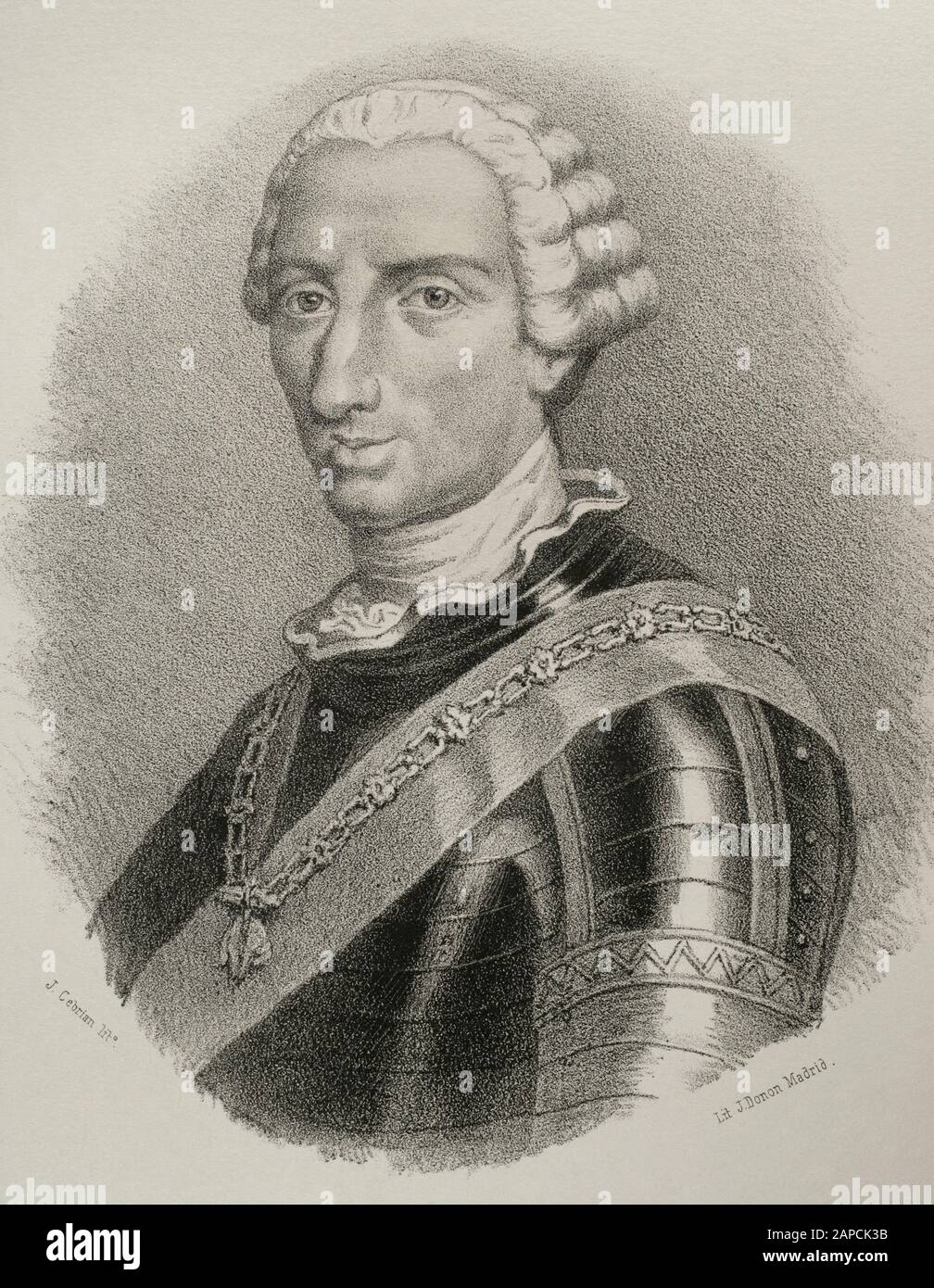 Charles III (1716-1788). Roi d'Espagne (1759-1788). Dessin de J. Cebrian. Portrait. Lithographie. Cronica général de España, Historia Ilustrada y Descriptiva de sus Provincias. Castilla-La Nueva, 1869. Banque D'Images