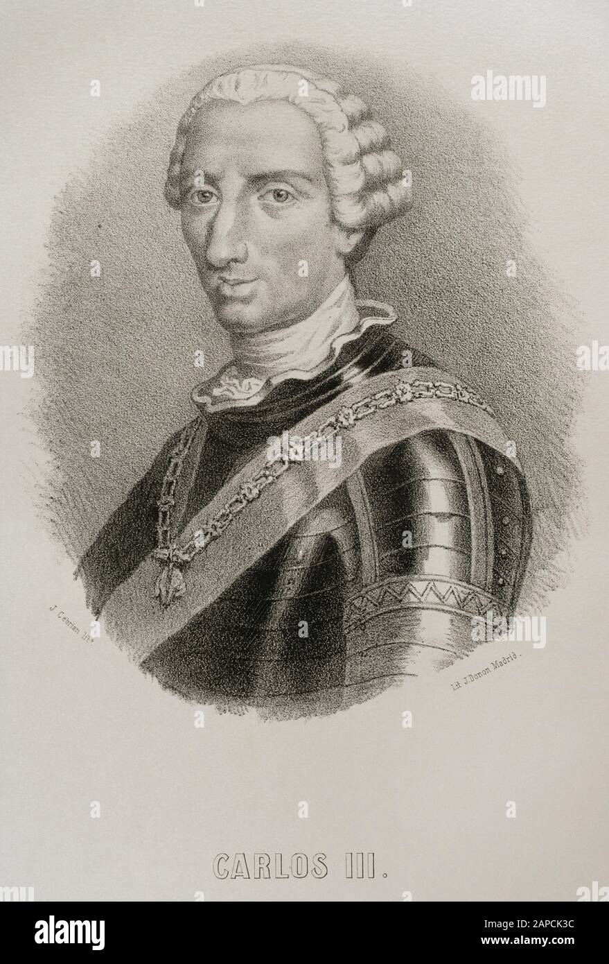 Charles III (1716-1788). Roi d'Espagne (1759-1788). Dessin de J. Cebrian. Portrait. Lithographie. Cronica général de España, Historia Ilustrada y Descriptiva de sus Provincias. Castilla-La Nueva, 1869. Banque D'Images