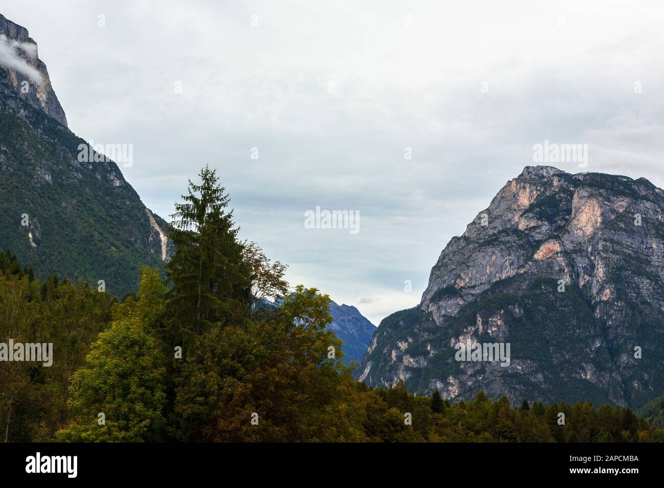 En regardant le Val Cordevole jusqu'à Palazza Alta, du PS 347 à Pianizze près d'Agordo, Dolomites italiens, Vénétie, Italie Banque D'Images