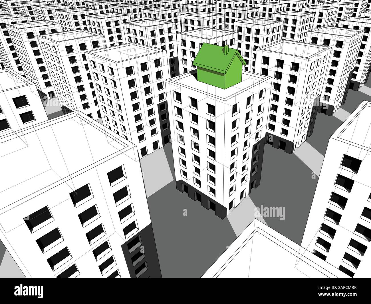 Écologique vert maison individuelle construite sur le haut du bloc d'appartements entouré de nombreux immeubles gris Illustration de Vecteur