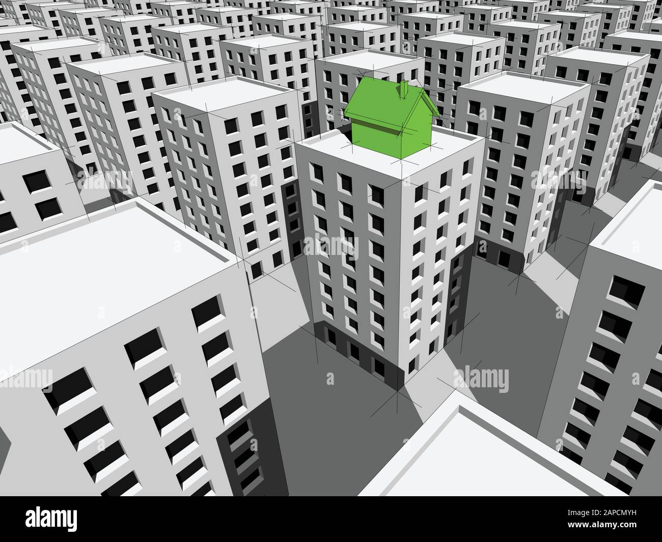 Écologique vert maison individuelle construite sur le haut du bloc d'appartements entouré de nombreux immeubles gris Illustration de Vecteur