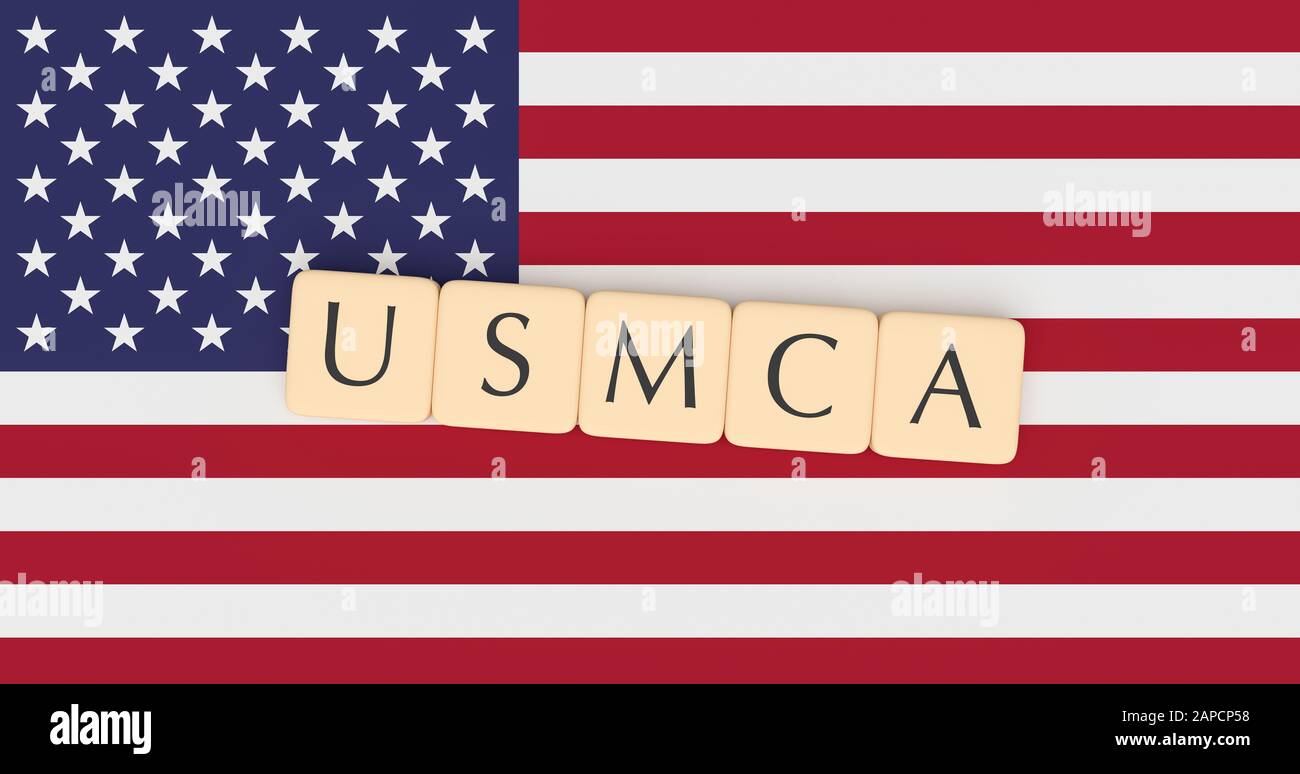 Accord entre les États-Unis et le Mexique et le Canada : lettre Tiles USMCA Sur drapeau américain, illustration tridimensionnelle Banque D'Images