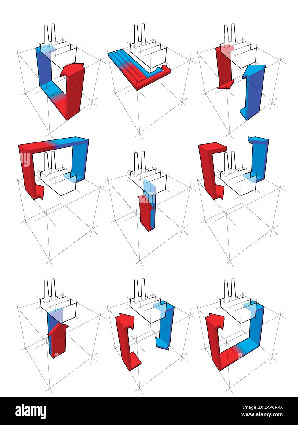 collecte de neuf schémas de pompe à chaleur sur un exemple d'usine montrant les possibilités d'utilisation de la pompe à chaleur Illustration de Vecteur