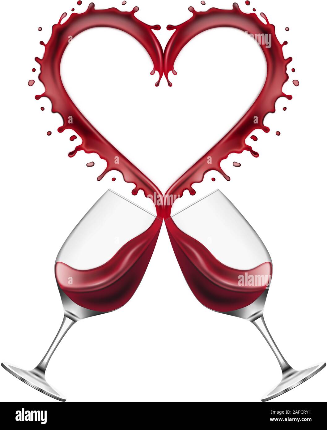 les verres à vin rouges sont grillés avec des éclaboussures en forme de coeur Illustration de Vecteur