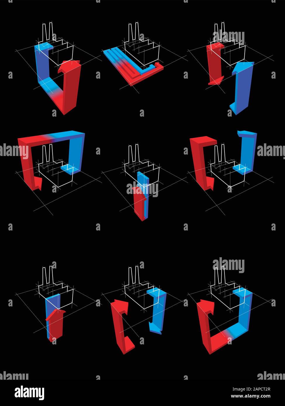 collecte de neuf schémas de pompe à chaleur sur un exemple d'usine montrant les possibilités d'utilisation de la pompe à chaleur Illustration de Vecteur