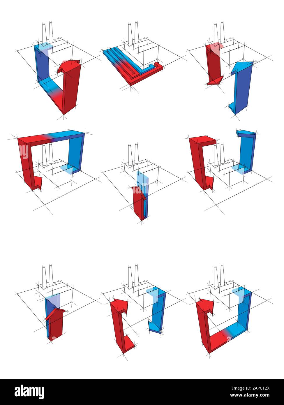 collecte de neuf schémas de pompe à chaleur sur un exemple d'usine montrant les possibilités d'utilisation de la pompe à chaleur Illustration de Vecteur