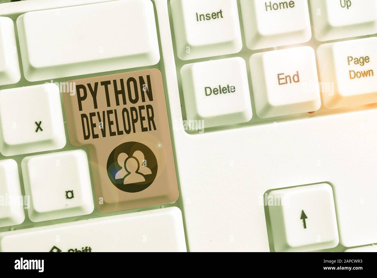 Note d'écriture montrant Python Developer. Concept métier responsable de l'écriture de la logique d'application Web côté serveur Banque D'Images