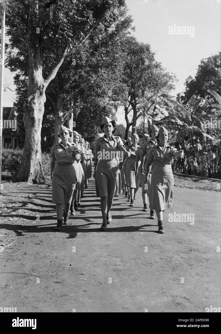 Beediging Tlt. D.M. Stürm VK-KNIL Description: Bandoeng: Le temps de recrutement dans la ville de montagne fraîche de Bandoeng est en grande partie un exercice pour les nouveaux membres de la KNIL Royaume-Uni. Une fois qu'ils ont terminé la formation de base, les filles sont placées comme secrétaires dans divers services, tandis que d'autres sont formés pour le matériel roulant. Tous les débuts sont difficiles. C’est ce qu’il a fait avec le marchage. Il faut beaucoup d'efforts pour obtenir jusqu'à présent que tout va de même. Date : 30 Septembre 1948 Lieu : Bandung, Indonésie, Pays-Bas East Indies Banque D'Images