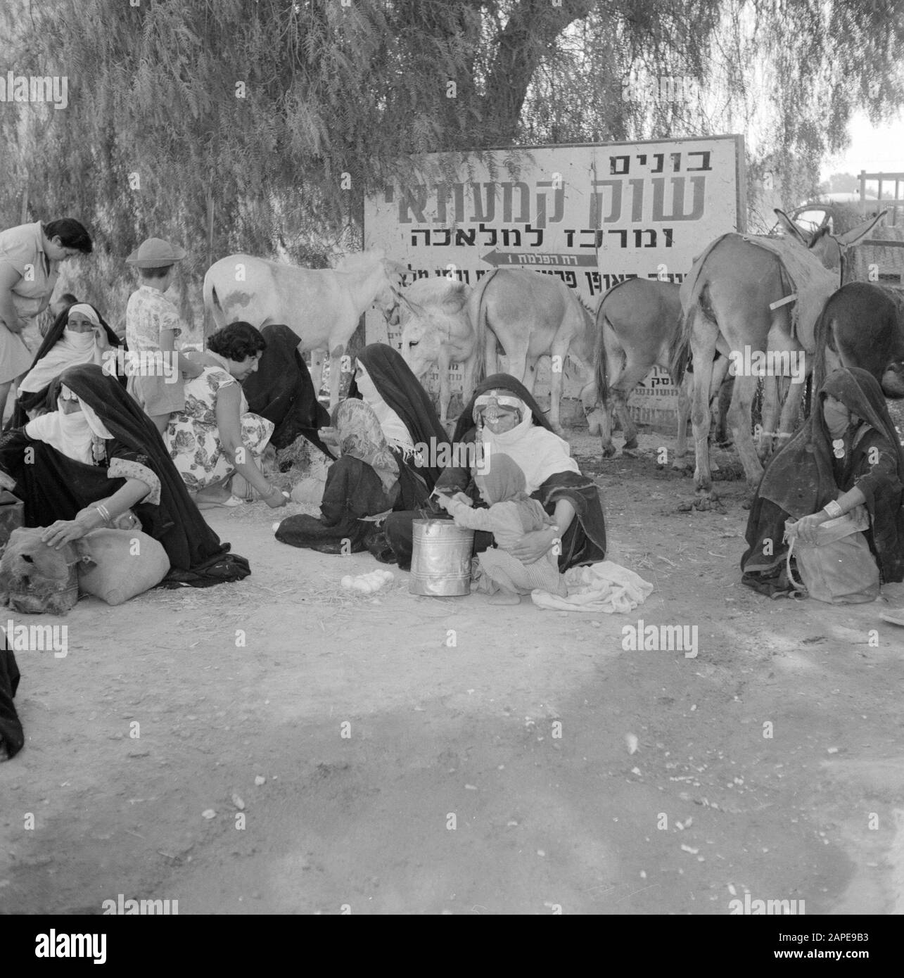 Israël 1960-1965: Bédouin à Beersewa (Beer Sheva) Description: Bédouin femmes en costume traditionnel avec des enfants sur le marché tout en offrant des oeufs à la vente. En arrière-plan plusieurs mules à un signe avec une inscription dans l'Ivoiriet Date: 1 janvier 1960 lieu: Beersewa, Israël mots clés: Bedouins, oeufs, enfants, costume, marchés, mules Banque D'Images