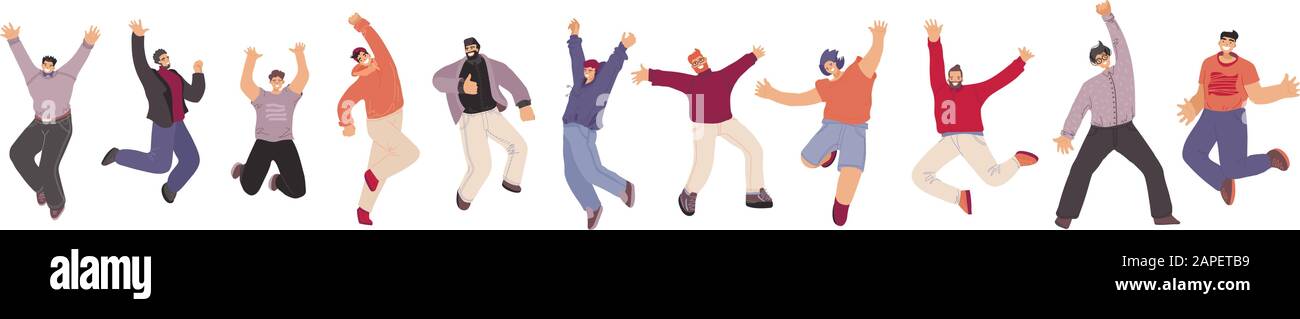Collection plate vectorielle de Happy Man illustration, danse et saut avec joie, courage, bonheur, isolée sur fond blanc. Homme gai, unité Illustration de Vecteur
