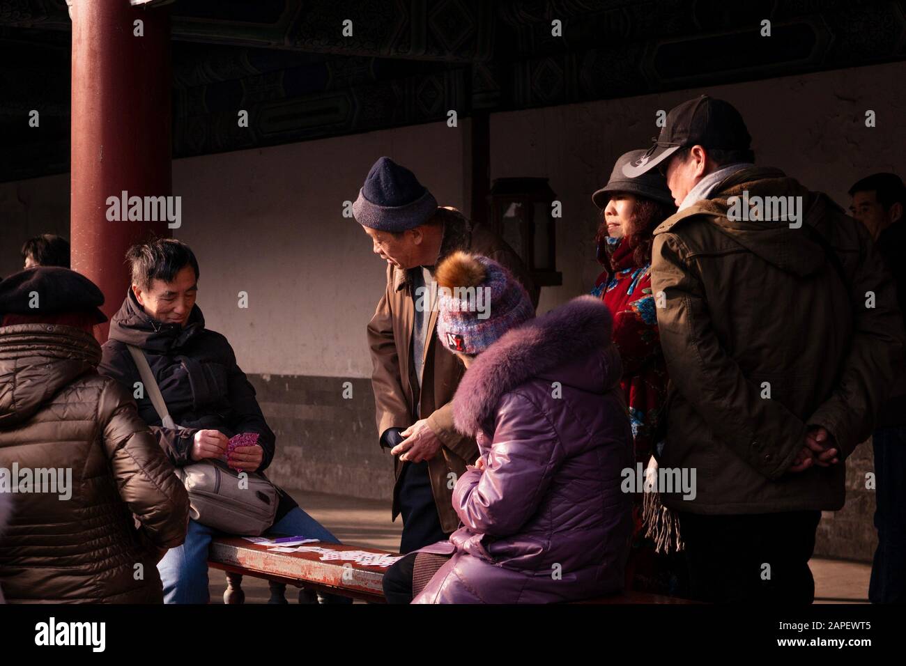 Les personnes plus âgées / retraités chinois dans un parc jouer à des jeux de cartes en hiver pendant le nouvel an chinois / festival de printemps à Pékin et profiter de la vie Banque D'Images