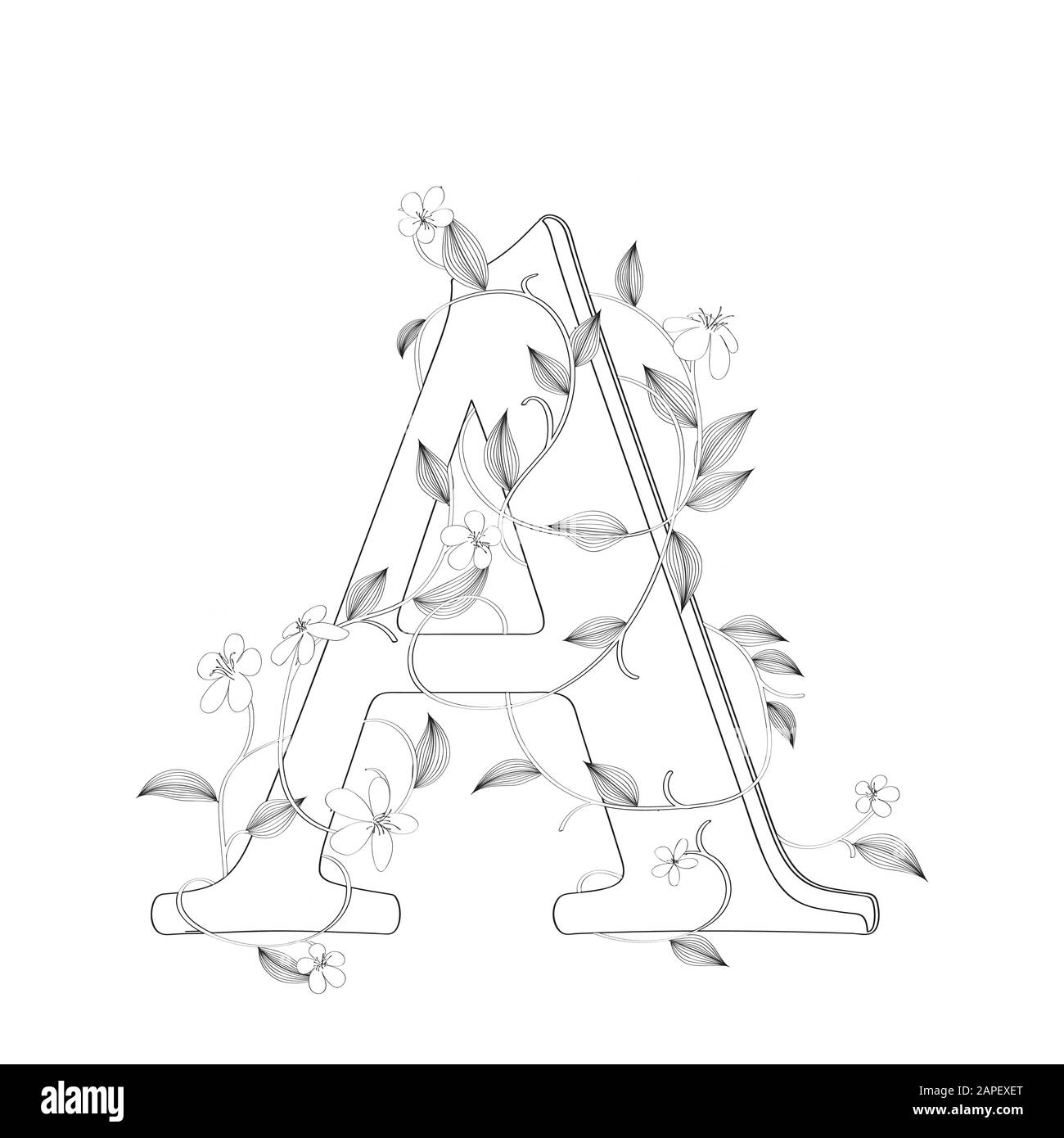 Lettre UN croquis floral sur fond blanc Illustration de Vecteur