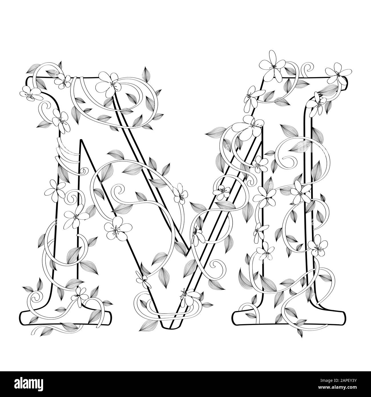 Lettre M esquisse florale sur fond blanc Illustration de Vecteur