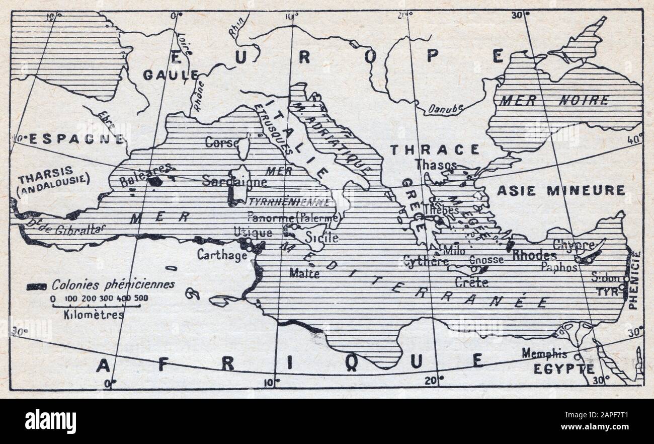 Carte des colonies phéniciennes. La carte indique à l'est les principaux établissements de Sidon, à l'ouest ceux de Tyr Banque D'Images