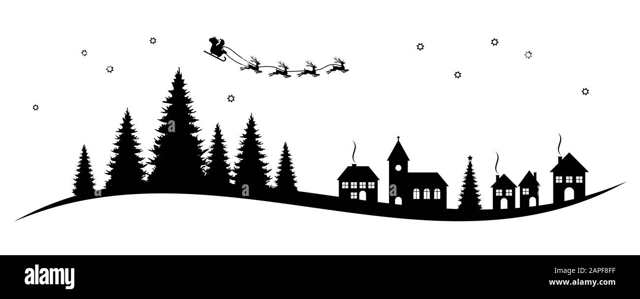 Silhouette du Père Noël avec traîneau et rennes sur une église, des maisons et des conifères isolés sur fond blanc Illustration de Vecteur