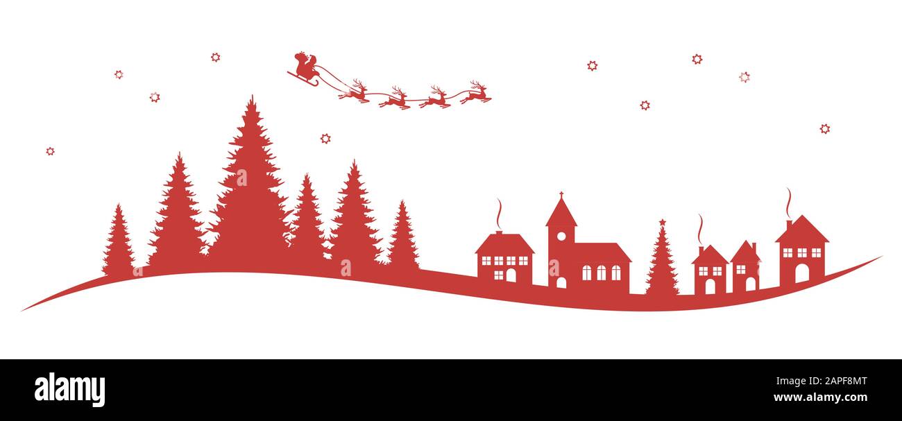 Silhouette du Père Noël avec traîneau et rennes sur une église, des maisons et des conifères isolés sur fond blanc Illustration de Vecteur