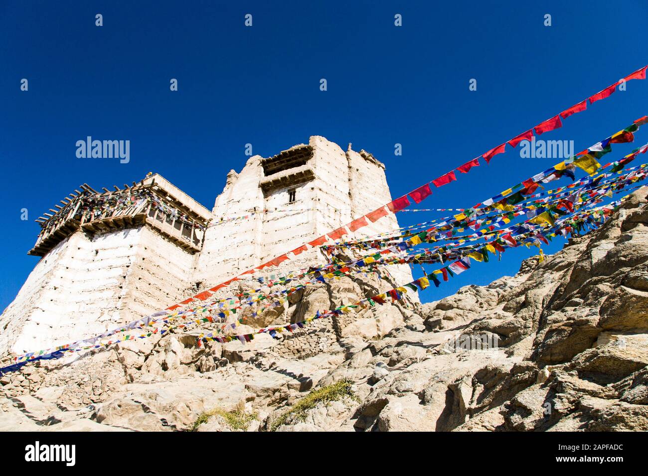 Drapeaux de prière et Temple Tsemo Maitreya, également Namgyal Tsemo Gompa, ou monastère Namgyal Tsemo, Leh, Ladakh, inde, Asie du Sud, Asie Banque D'Images