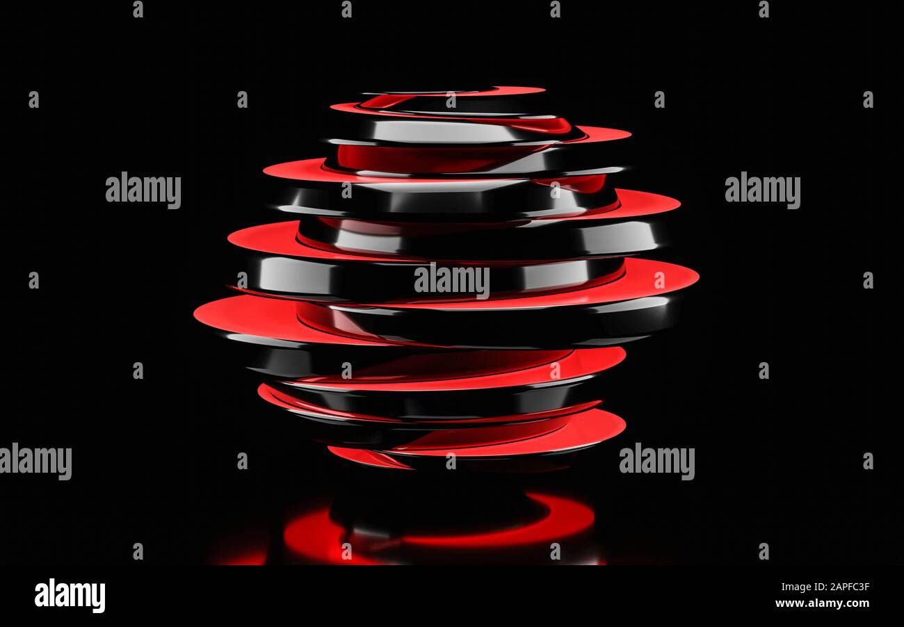 sphère géométrique abstraite brillante noire et rouge brillant coupée dans des coupes isolées sur le rendu d'illustration tridimensionnelle d'arrière-plan Banque D'Images