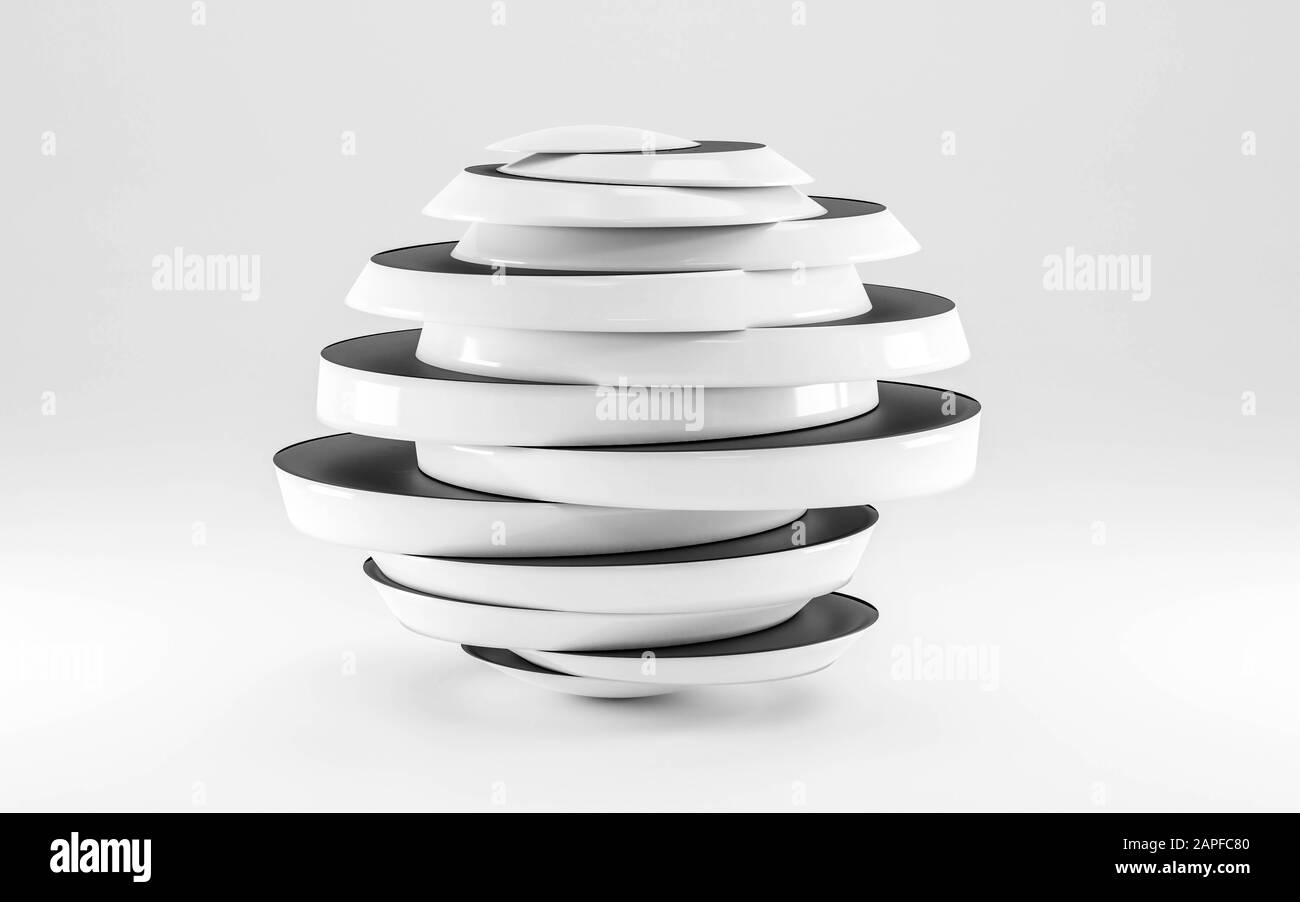 Sphère géométrique abstraite brillante blanche et noire coupée en tranches isolées sur le rendu de l'illustration tridimensionnelle d'arrière-plan Banque D'Images