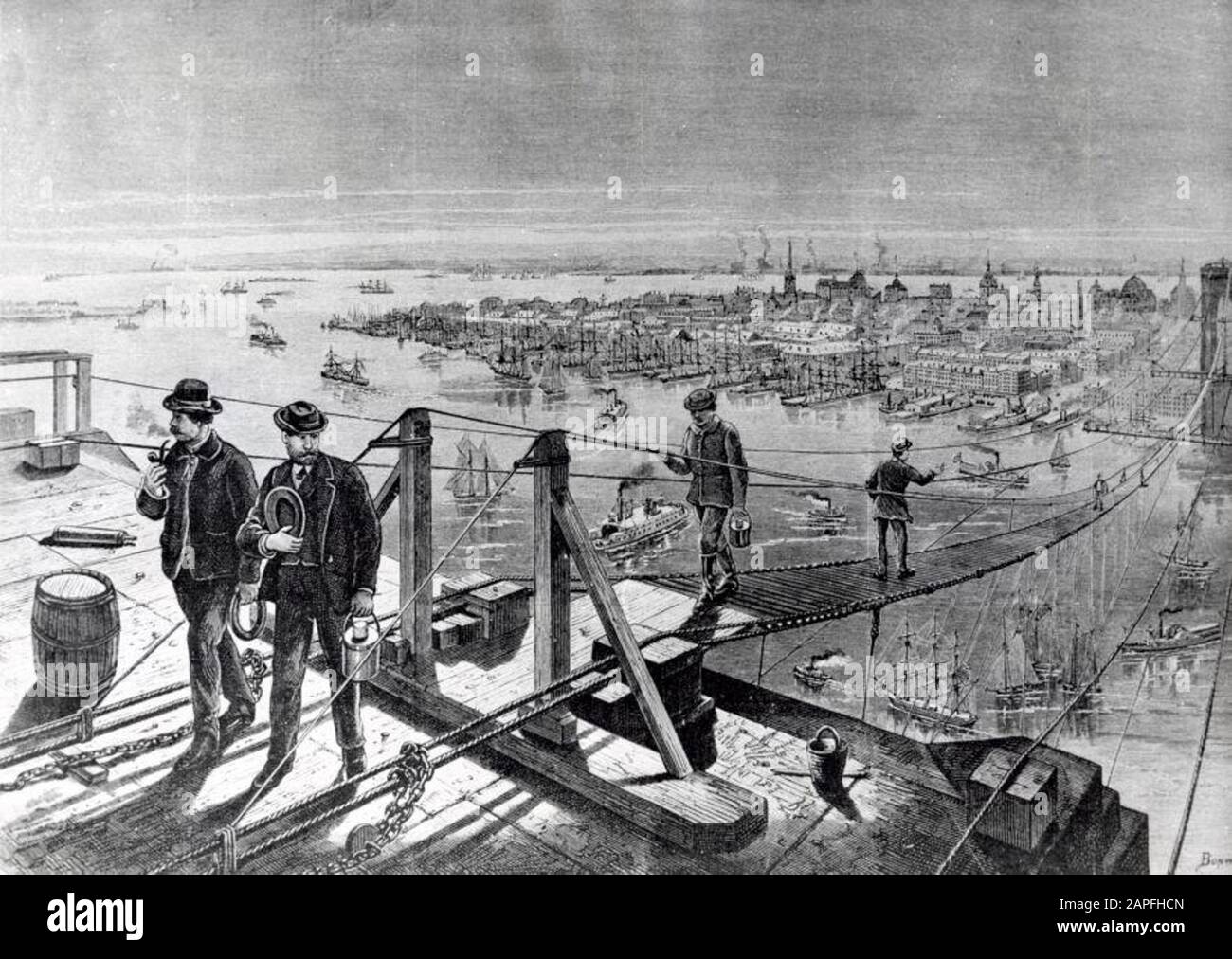 Photographie de la construction/construction du pont de Brooklyn, le pont au-dessus de la rivière East entre Brooklyn et New York. Travailleurs sur le sentier temporaire. Banque D'Images