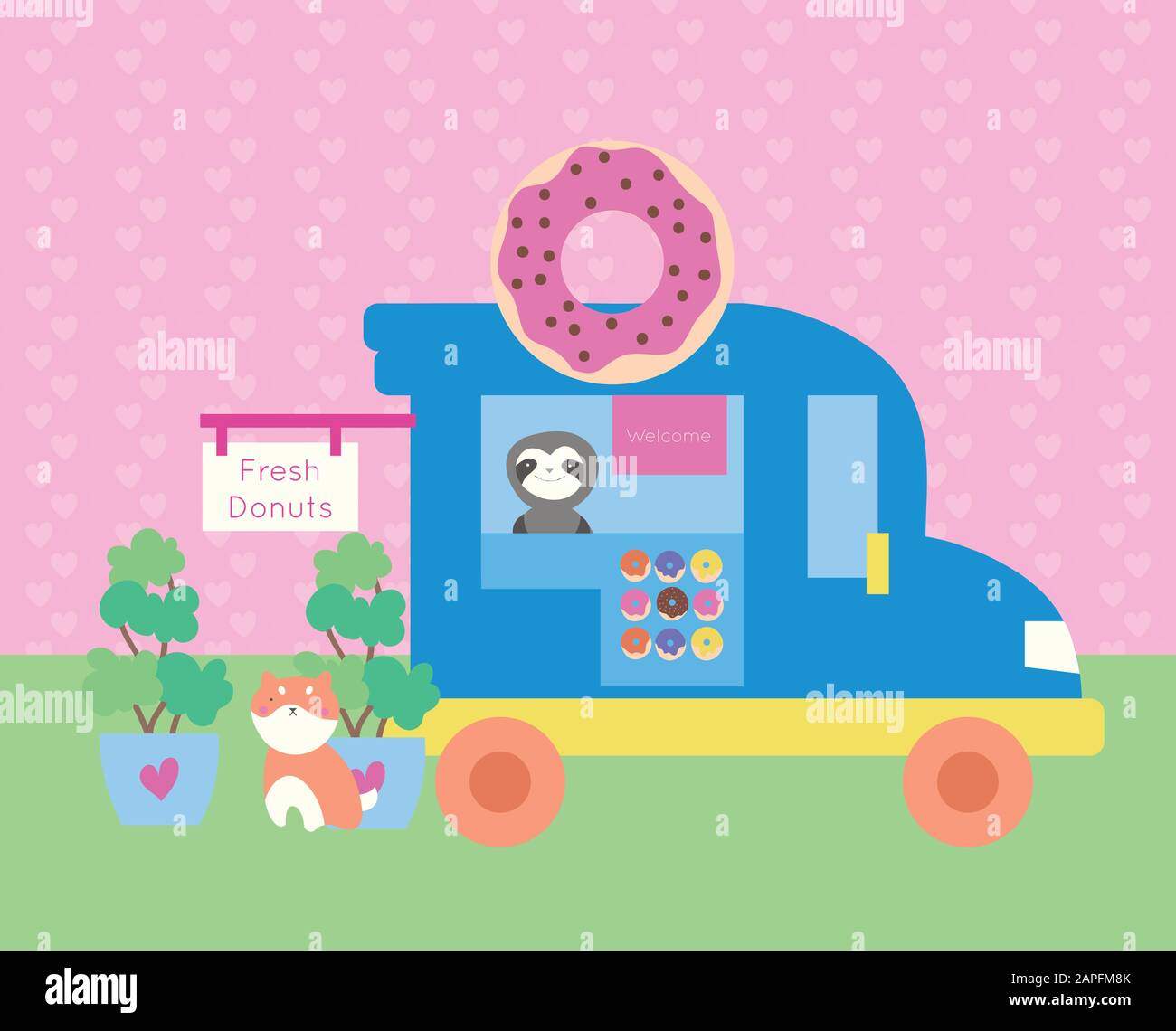 jolie carte postale kawaii avec beignets voiture et animaux Illustration de Vecteur