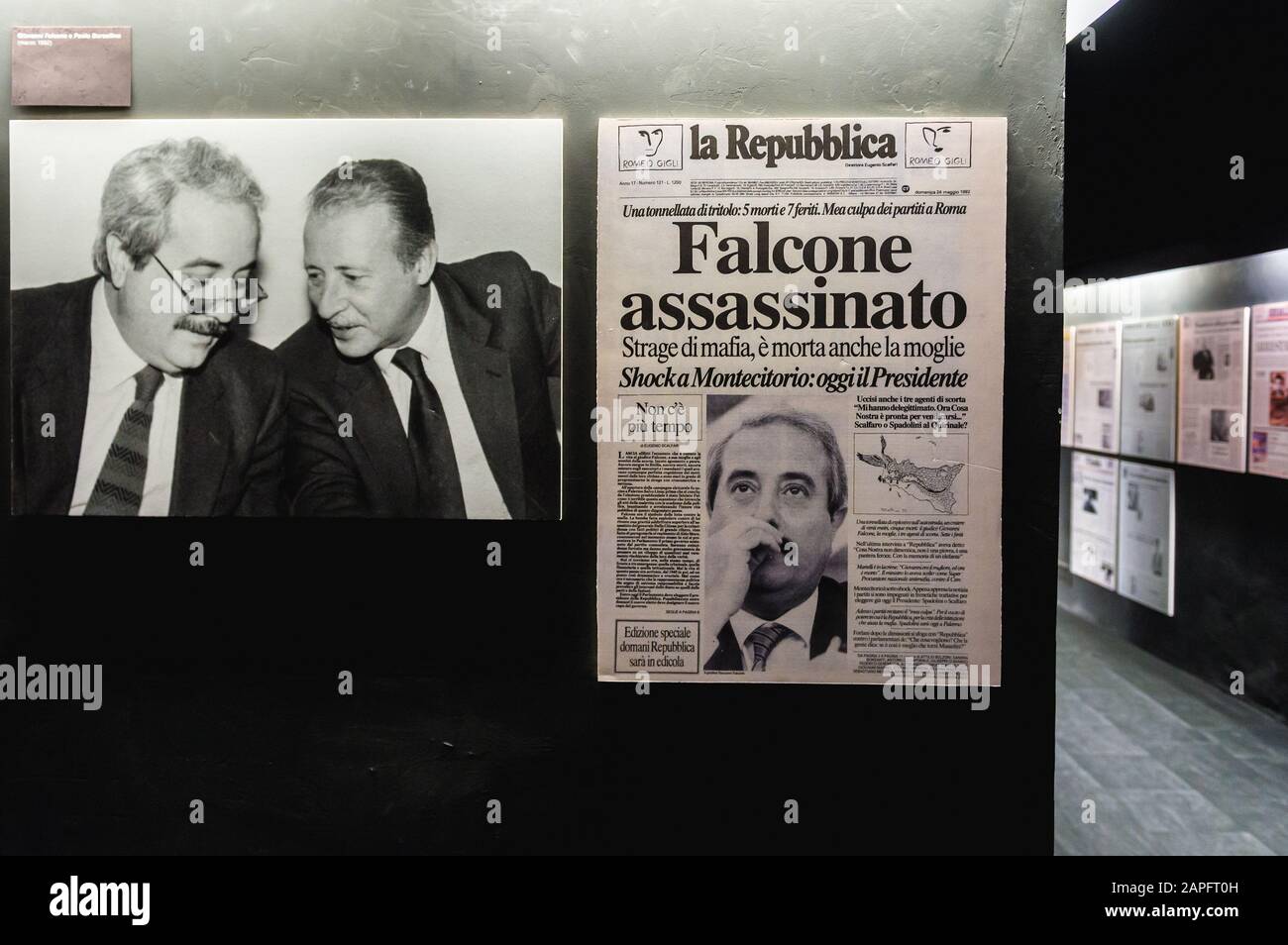 Photo de Giovanni Falcone et Paolo Borsellino au musée de la Mafia, partie du musée civique de la ville de Salemi située dans le sud-ouest de la Sicile, en Italie Banque D'Images