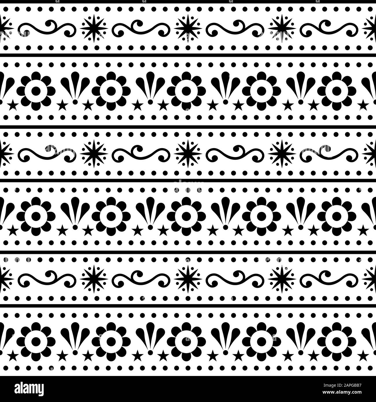 Style scandinave art folklorique sans couture motif vectoriel, fleurs répétitives mignon modèle nordique en noir sur fond blanc Illustration de Vecteur