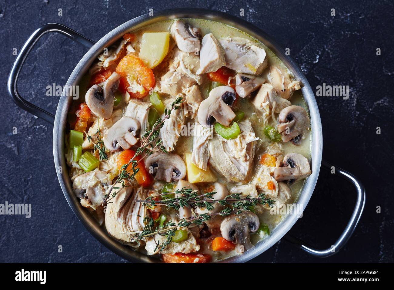 ragoût traditionnel de poulet cuit lentement avec légumes et sauce crémeuse dans une casserole sur une table en béton, vue horizontale de dessus, plat, gros plan Banque D'Images