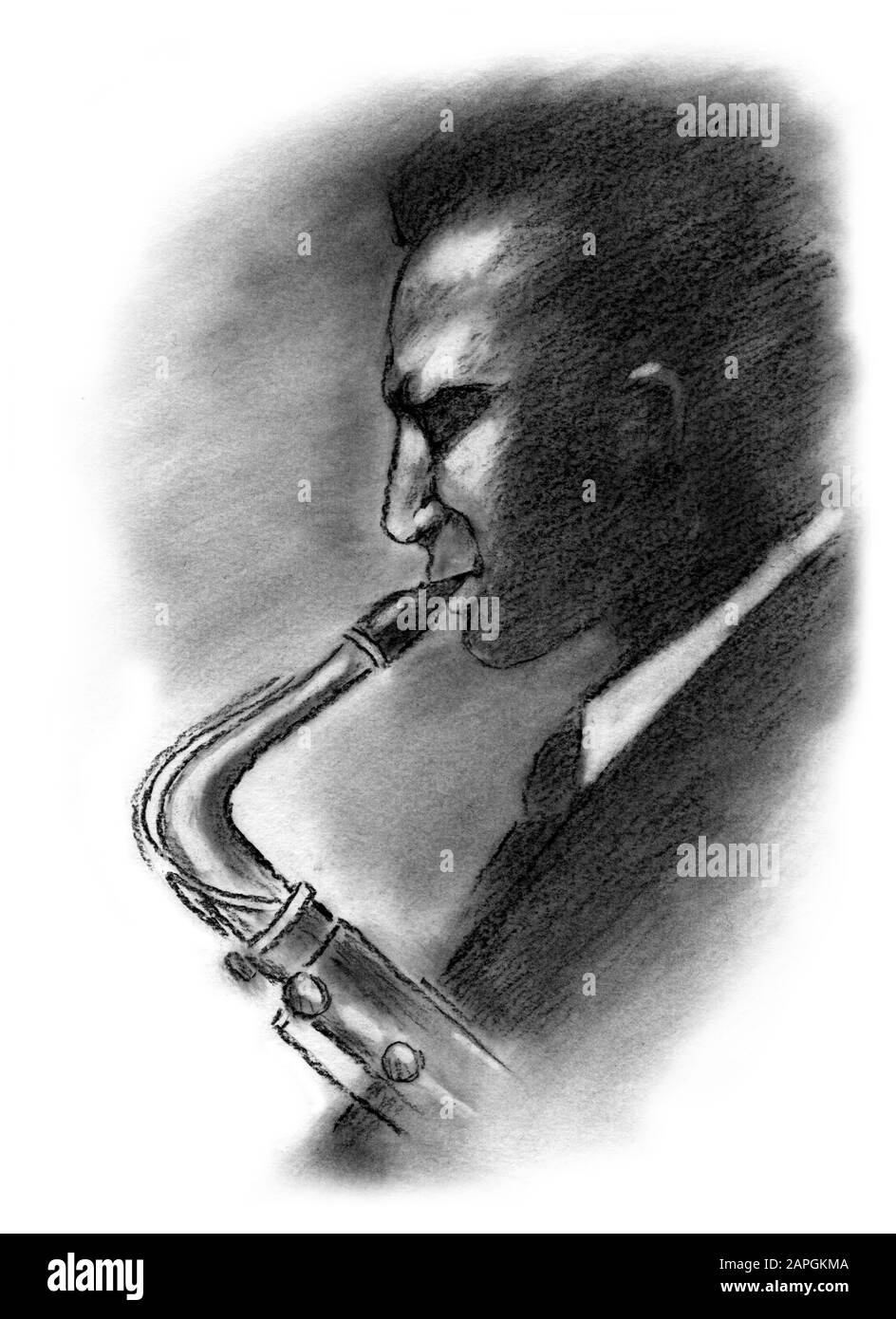 Saxophone dessin au charbon de bois dessiné à la main. Musiciens. Banque D'Images