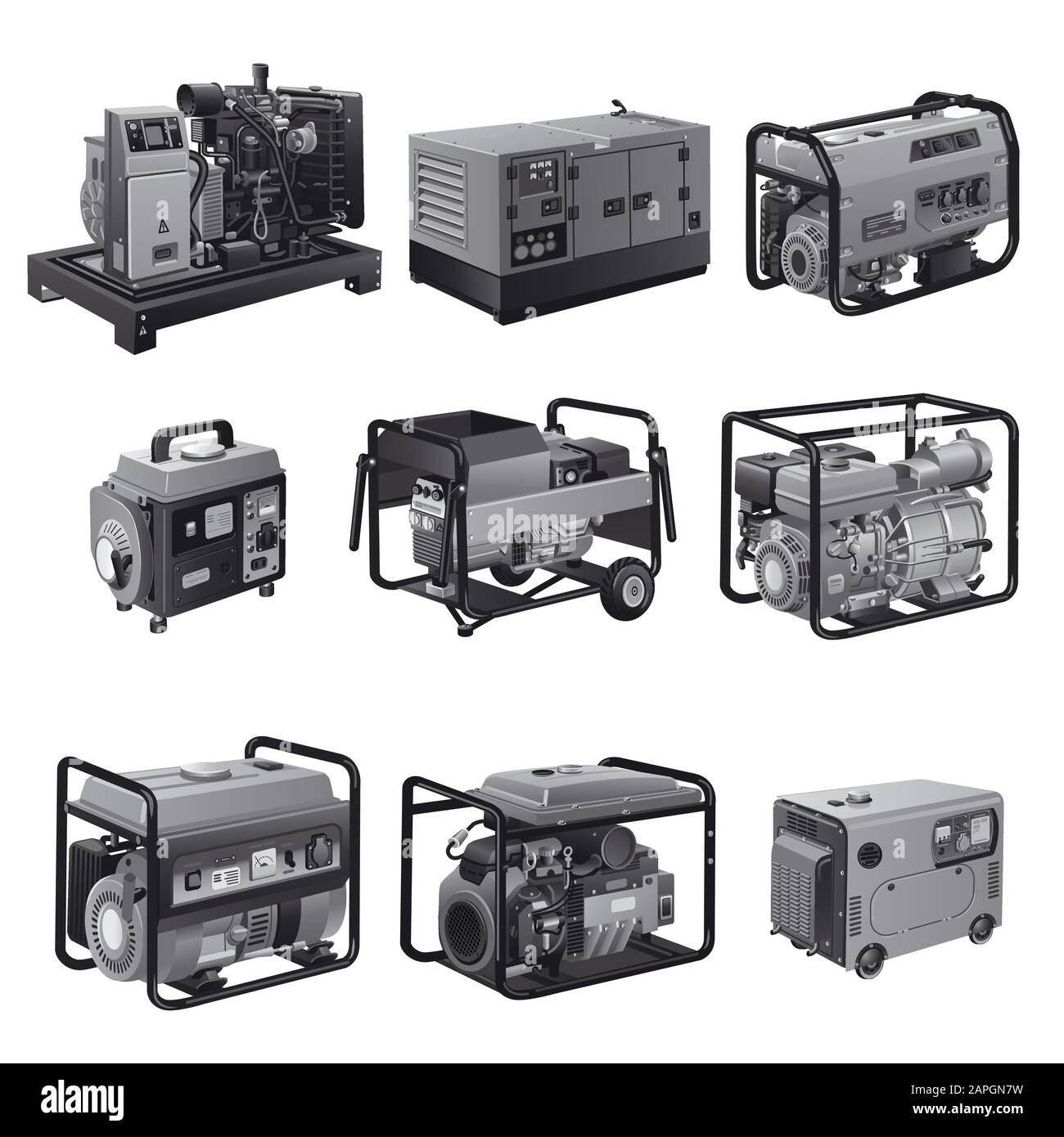 illustration d'un type différent de générateurs industriels et de petite puissance en niveaux de gris Illustration de Vecteur