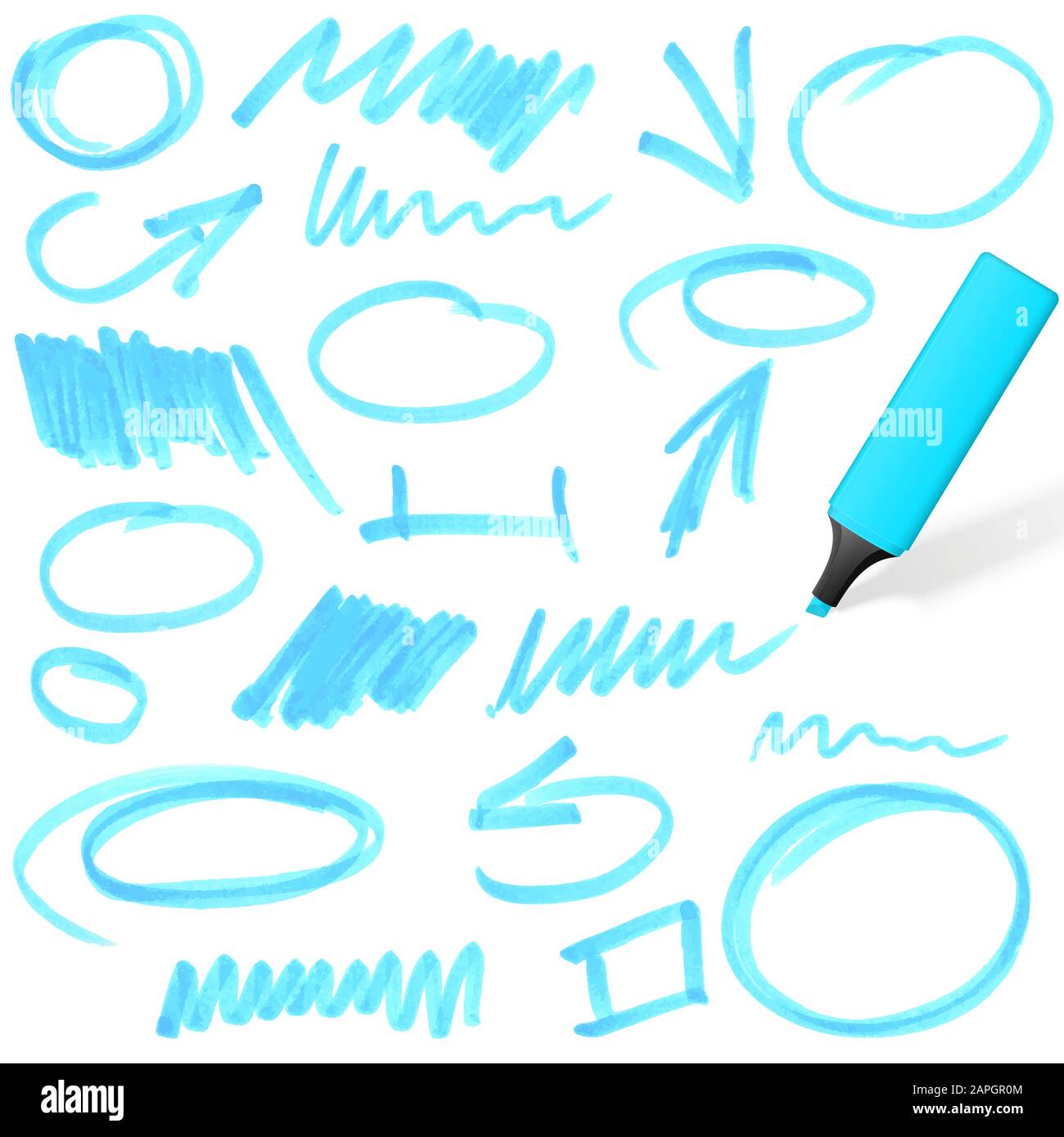 Couleur bleu surligneur avec différents marquages dessiné à la main Illustration de Vecteur