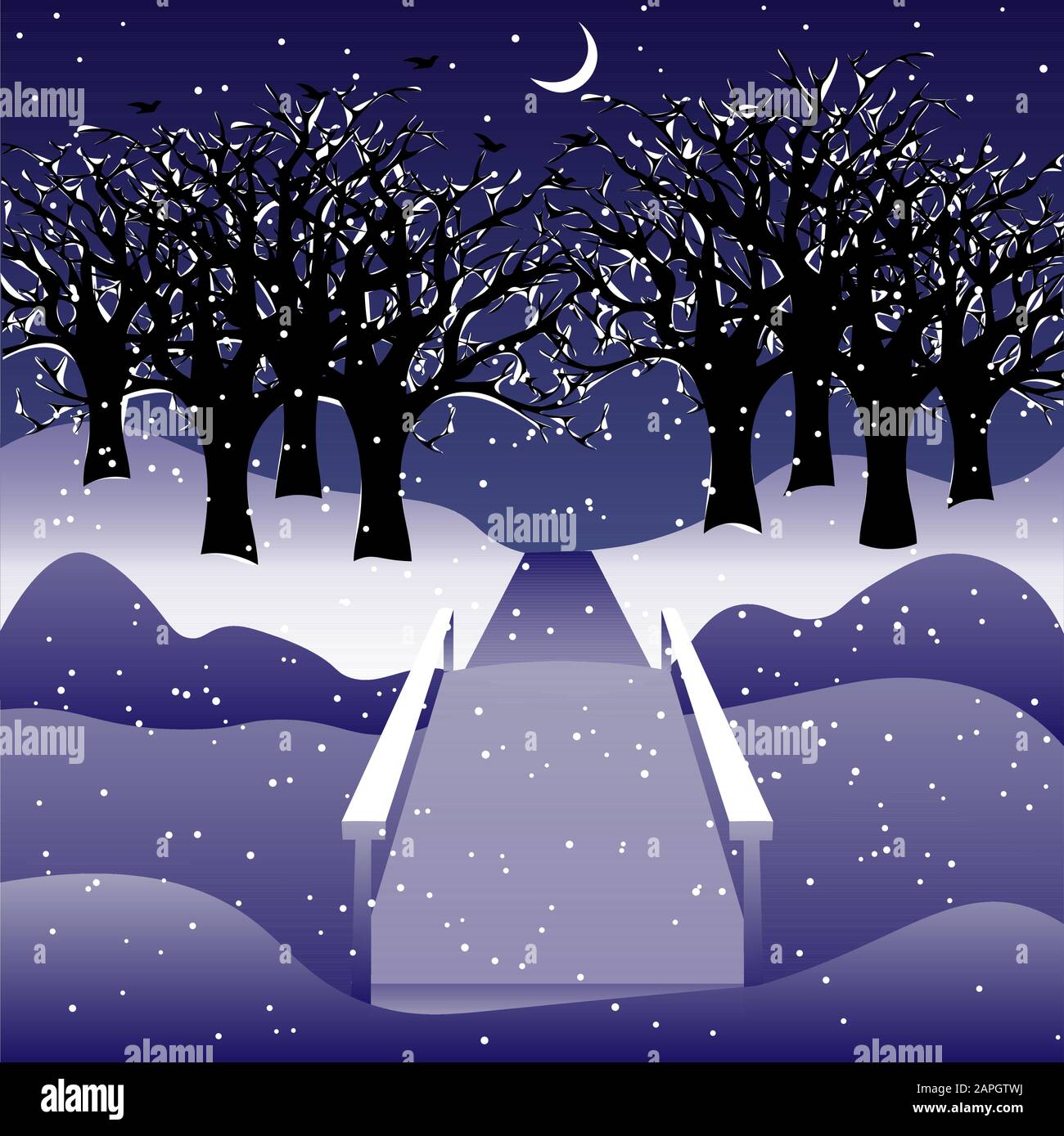 Paysage de nuit d'hiver : arbres sans feuilles dans la neige, pont à travers la rivière gelée. Jeune lune dans le ciel, neige Illustration de Vecteur