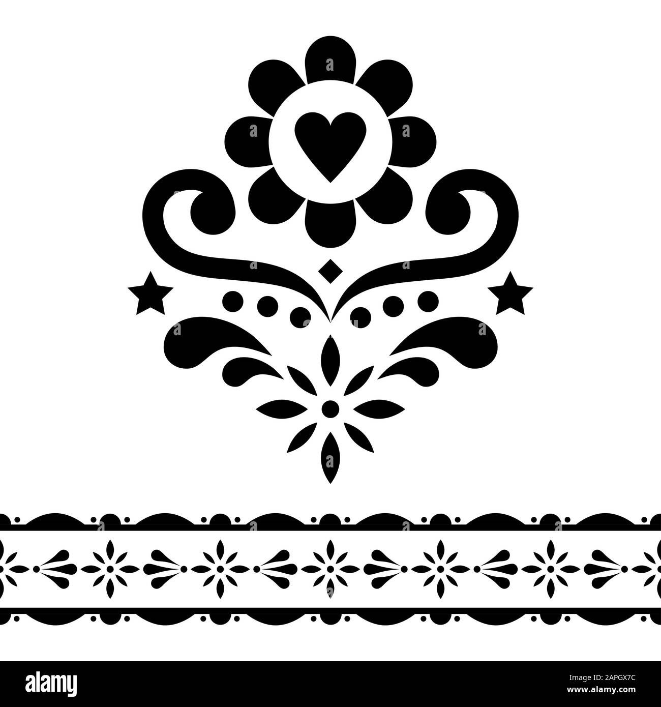 Ensemble de motifs vectoriels d'art folklorique scandinave - collection à motifs uniques, joli ornement fleuri avec fleurs en noir sur fond blanc Illustration de Vecteur