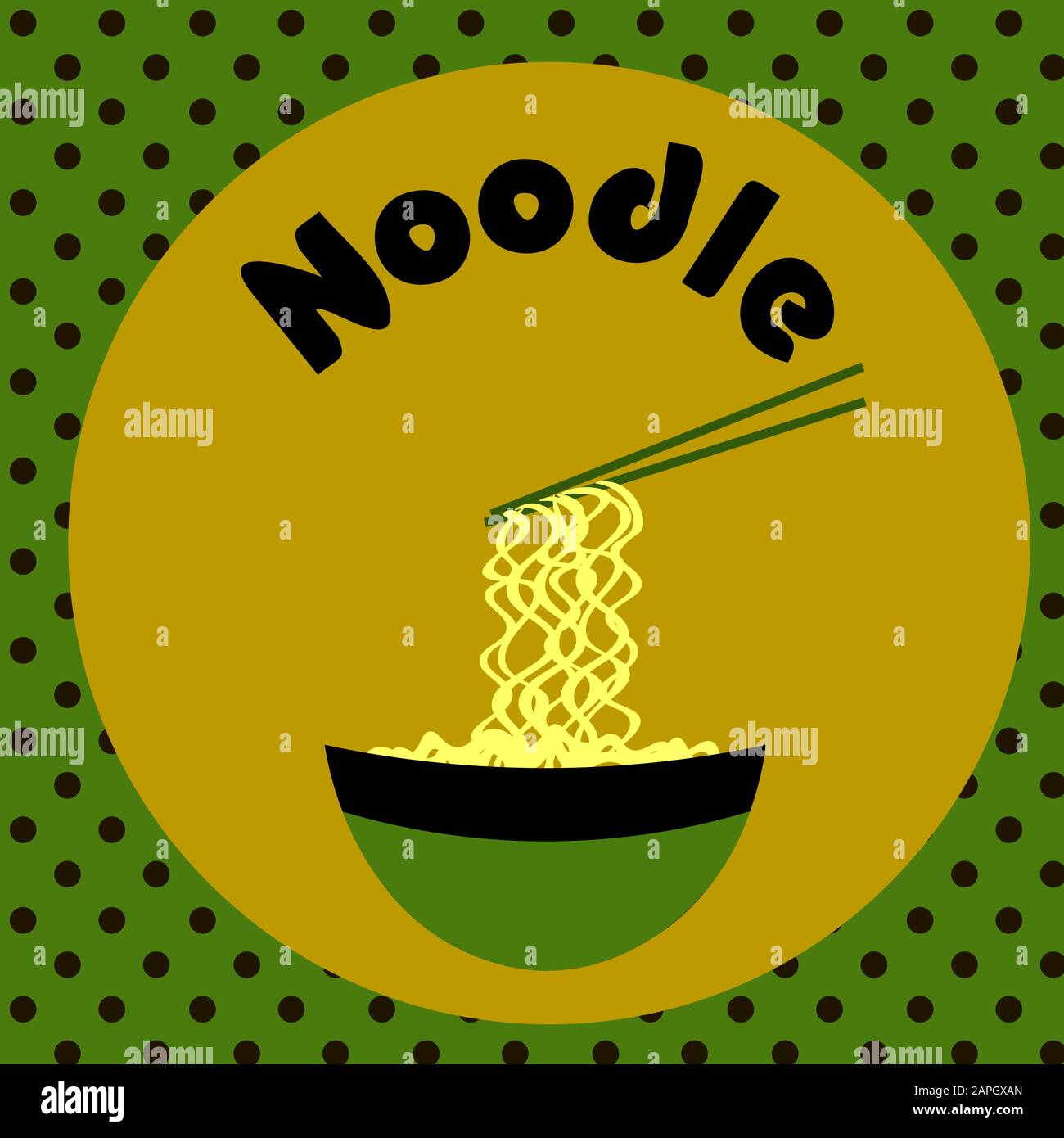 Drôle de modèle fastfood coloré avec texte, bol de nouilles et baguettes Illustration de Vecteur