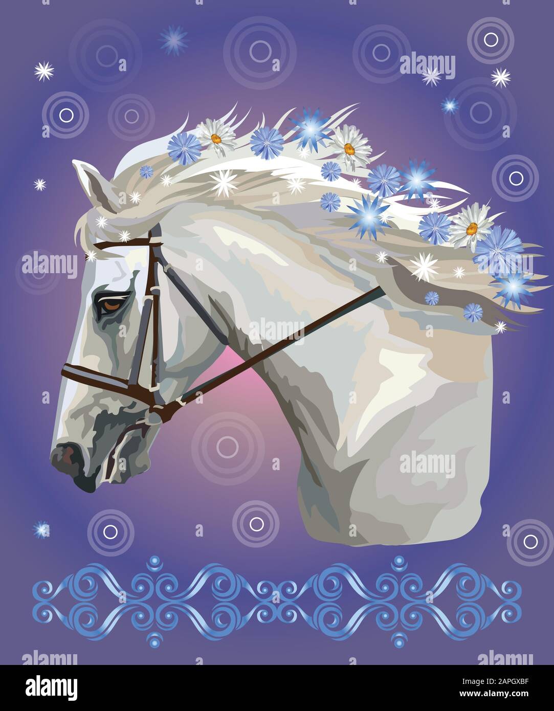Cheval dans une bride, vecteur coloré réaliste illustration. Portrait de cheval blanc de course avec différentes fleurs dans la longue mane isolée sur le gradient bleu Illustration de Vecteur