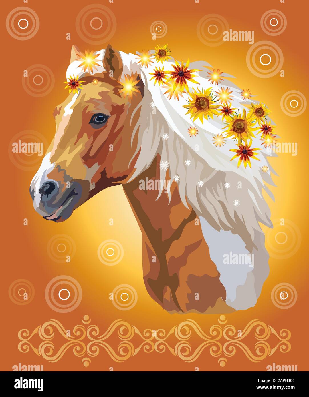 Cheval Piebald, illustration réaliste colorée vectorielle. Portrait de cheval de course avec des fleurs en mane isolé sur fond de gradient orange avec orna Illustration de Vecteur