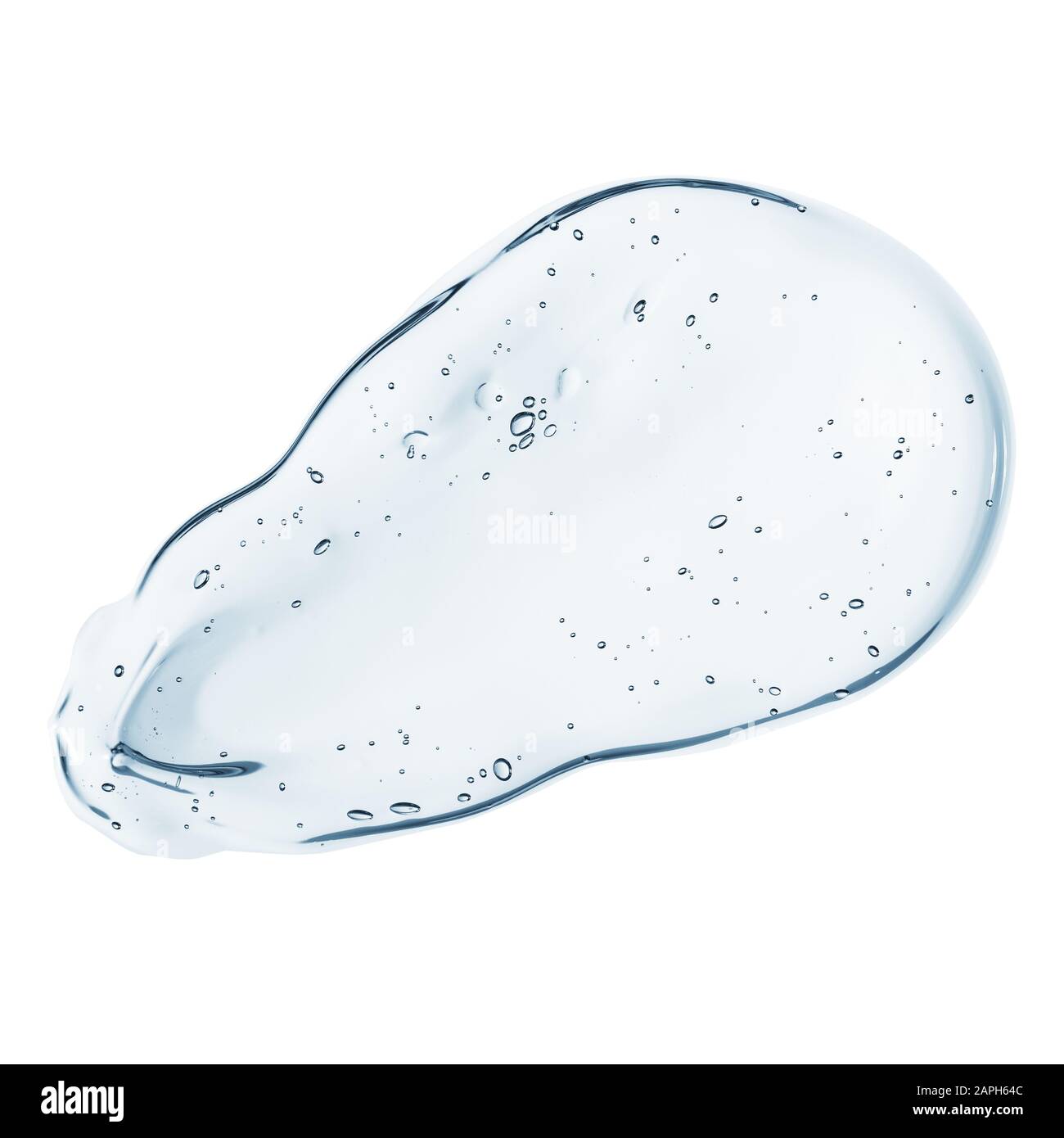 Le gel bleu clair transparent liquide cosmétique s'étale avec des bulles isolées sur fond blanc Banque D'Images