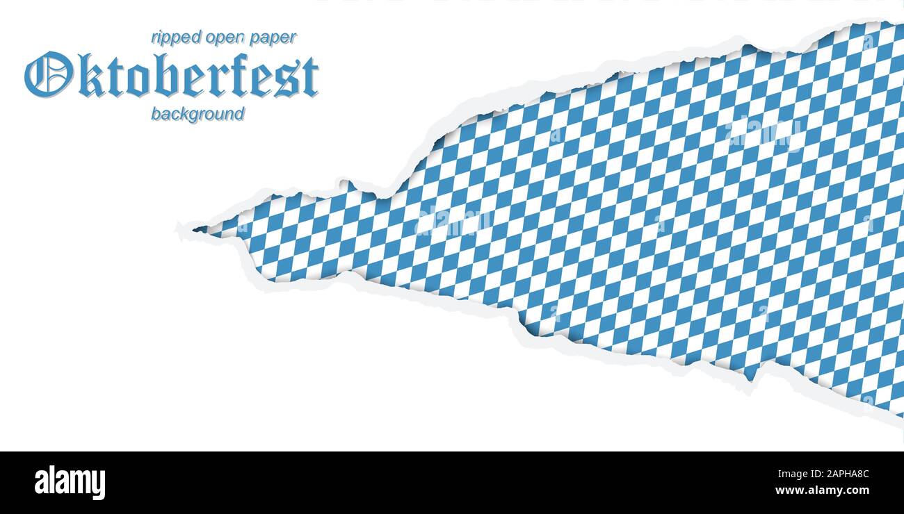 Vecteur de papier blanc ouvert déchiré avec fond de l'Oktoberfest allemand à damier bleu et blanc Illustration de Vecteur