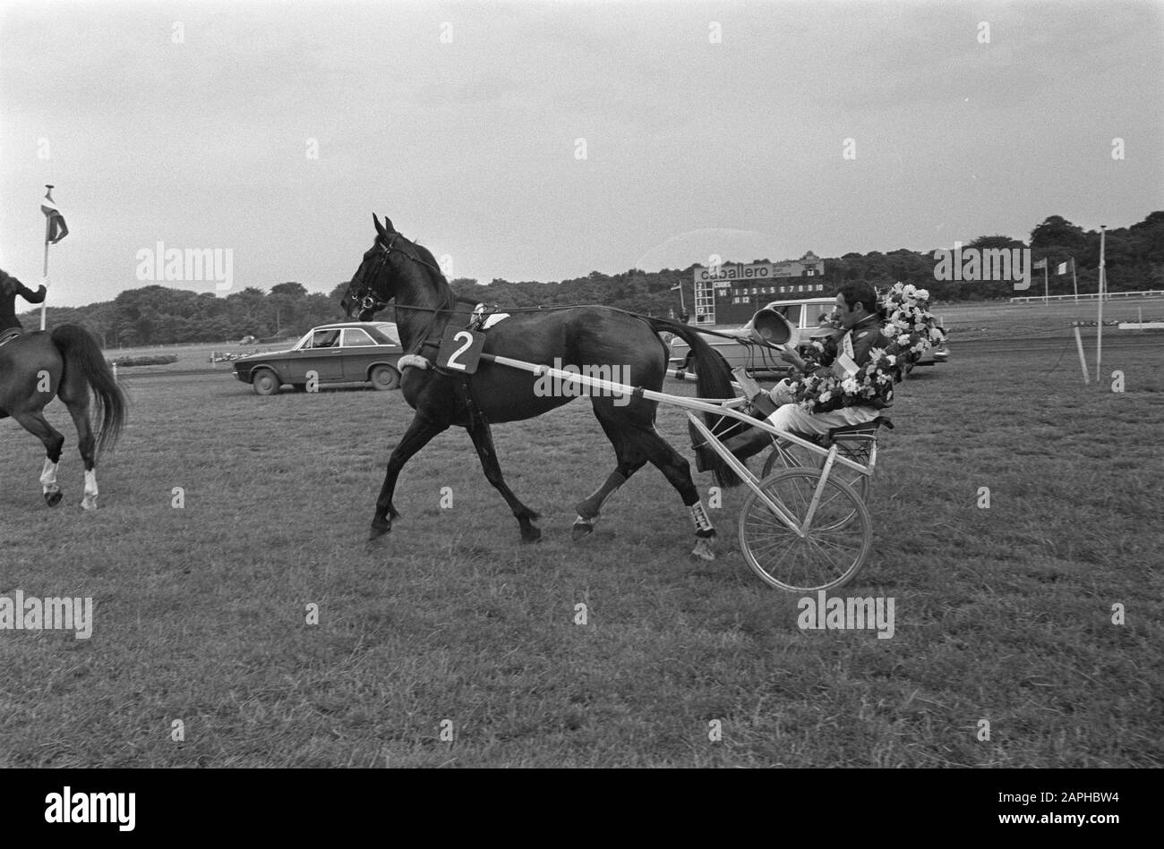 Cours pour le Grand Prix des Pays Bas à Duindigt 1970 Description: Le Français J.Roussel gagne avec le cheval Tatosca d'avril et fait une annotation ronde honorifique: Voir aussi les codes commande: 923-6324, 923-6325, 923-6326 Date : 28 juin 1970 lieu: Den Haag, Duindigt, Zuid-Holland mots clés: Trotting et courses, victoires, cheval et calèche, chevaux, équestres, sulky's Nom personnel: Roussel, J. Banque D'Images