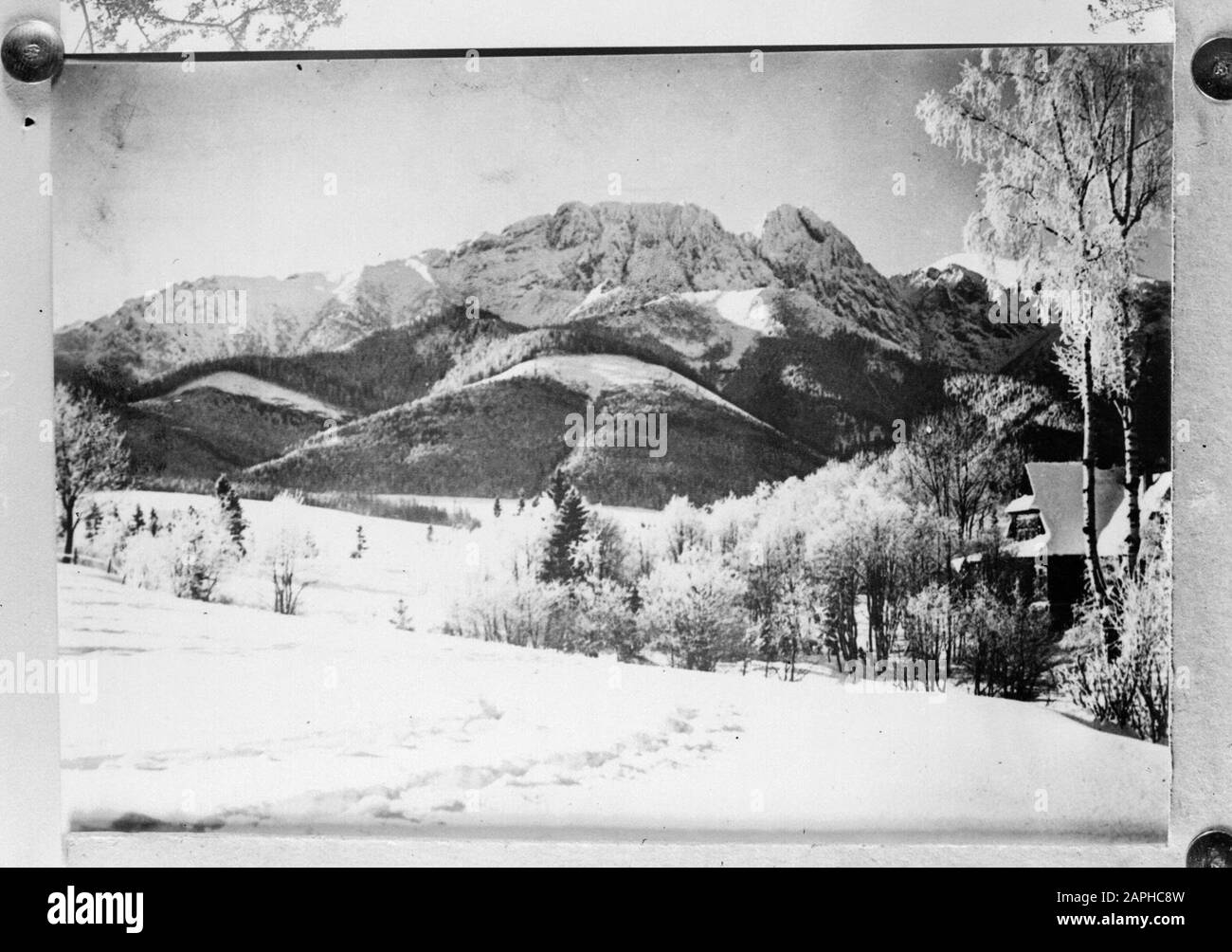 Voyage en Pologne Description: Le Giemont dans les montagnes Tatra en hiver. Reproduction de la photo Date : 1934 lieu : Pologne mots clés : montagnes, neige Banque D'Images