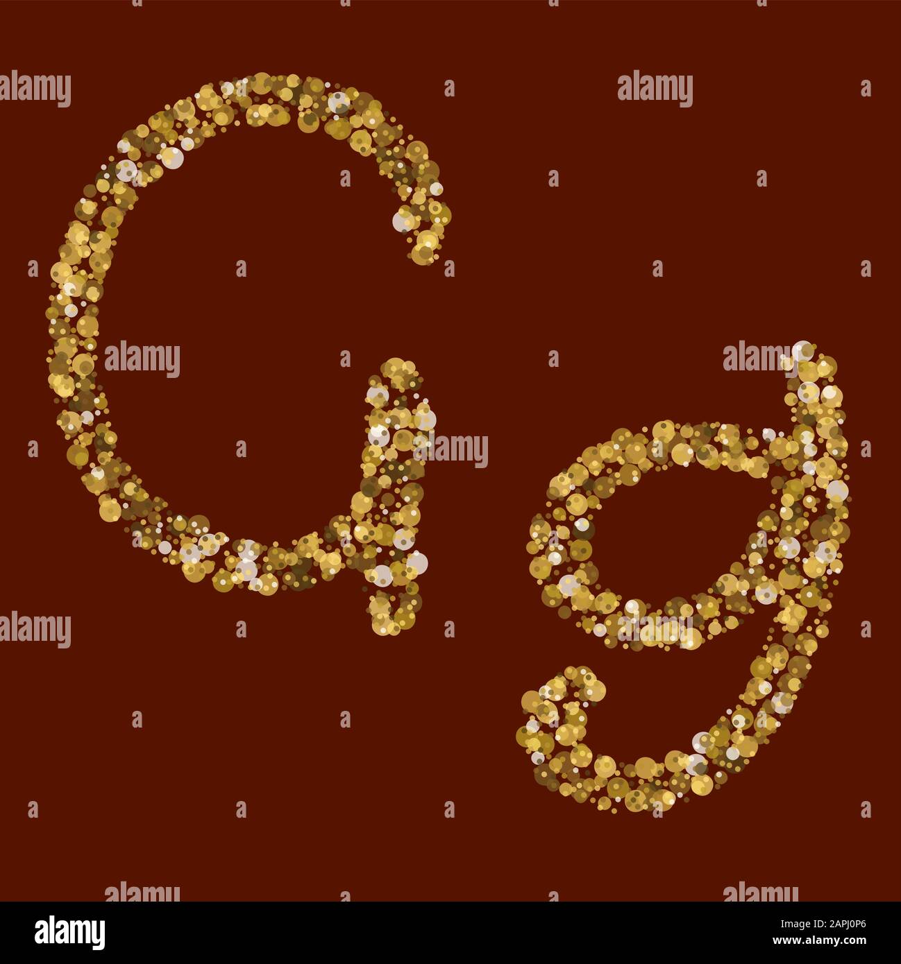 Lettre glitter dorée GG. Nouvel alphabet latin. Texture or ordinaire. Manuscrit, brillant. Vecteur ABC. Calligraphie latine. Illustration de Vecteur