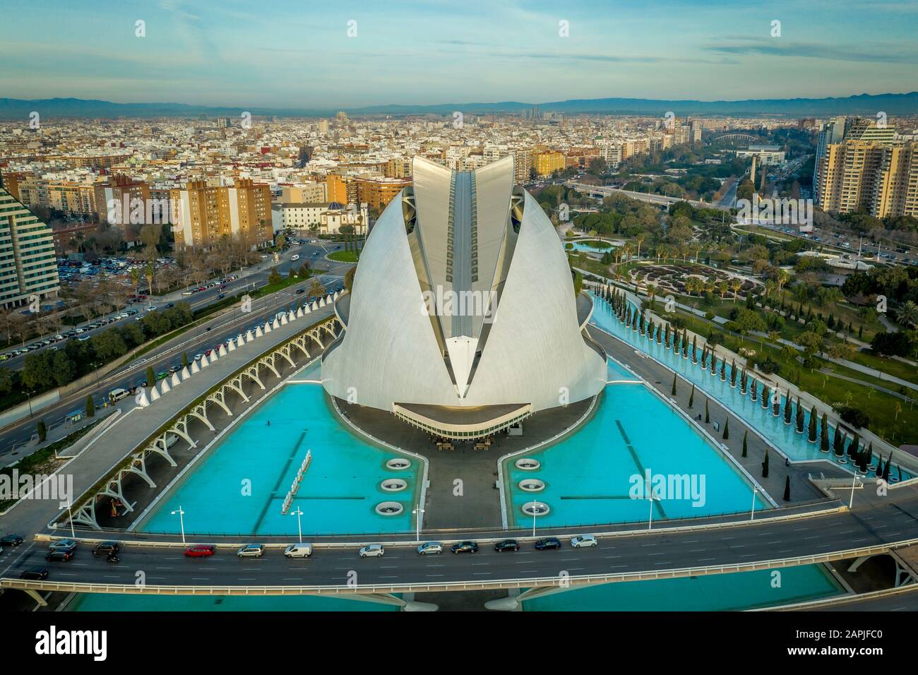 Vue aérienne de l'Opéra de Valence dans le cadre du projet futuriste Science et Art City Banque D'Images