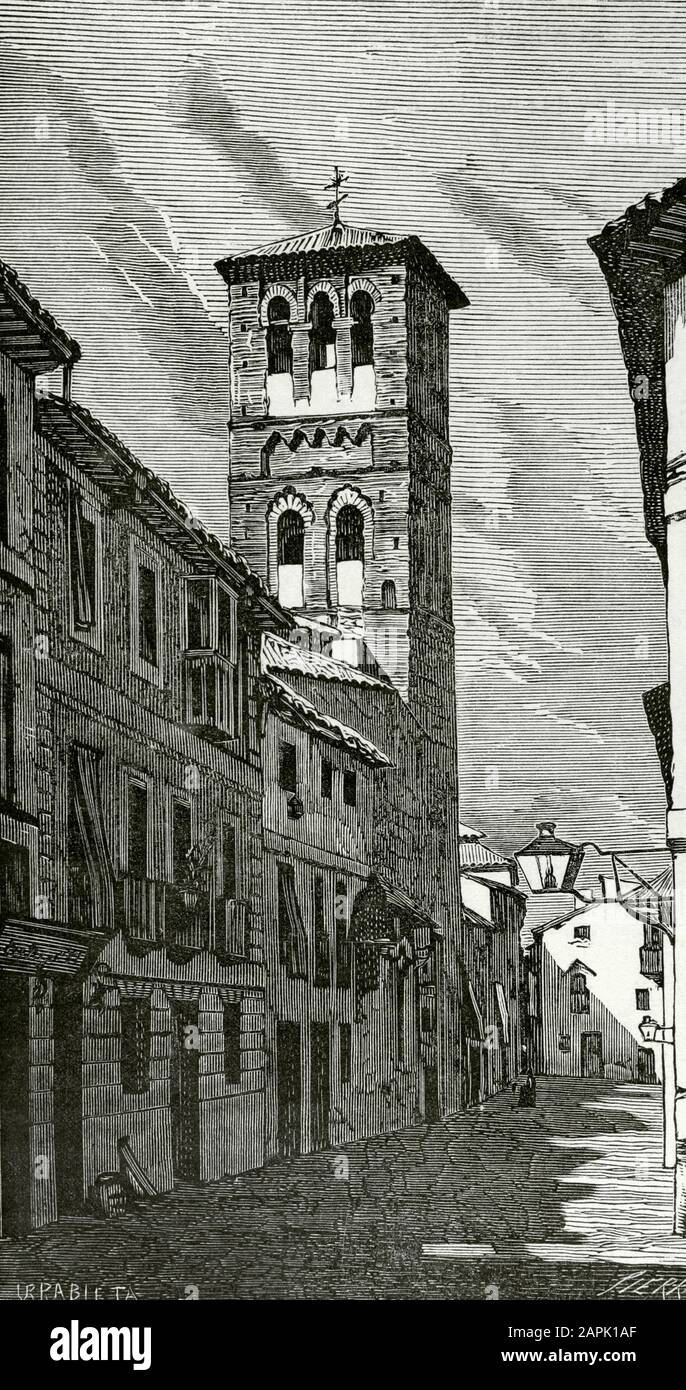 Espagne, Tolède. Rue et Tour Bell de l'Église de Santo Tome. Illustration d'Urrabieta. Gravure en Sierra, XIXe siècle. Cronica général de España, Historia Ilustrada y Descriptiva de sus Provincias. Castilla-La Nueva, 1869. Banque D'Images