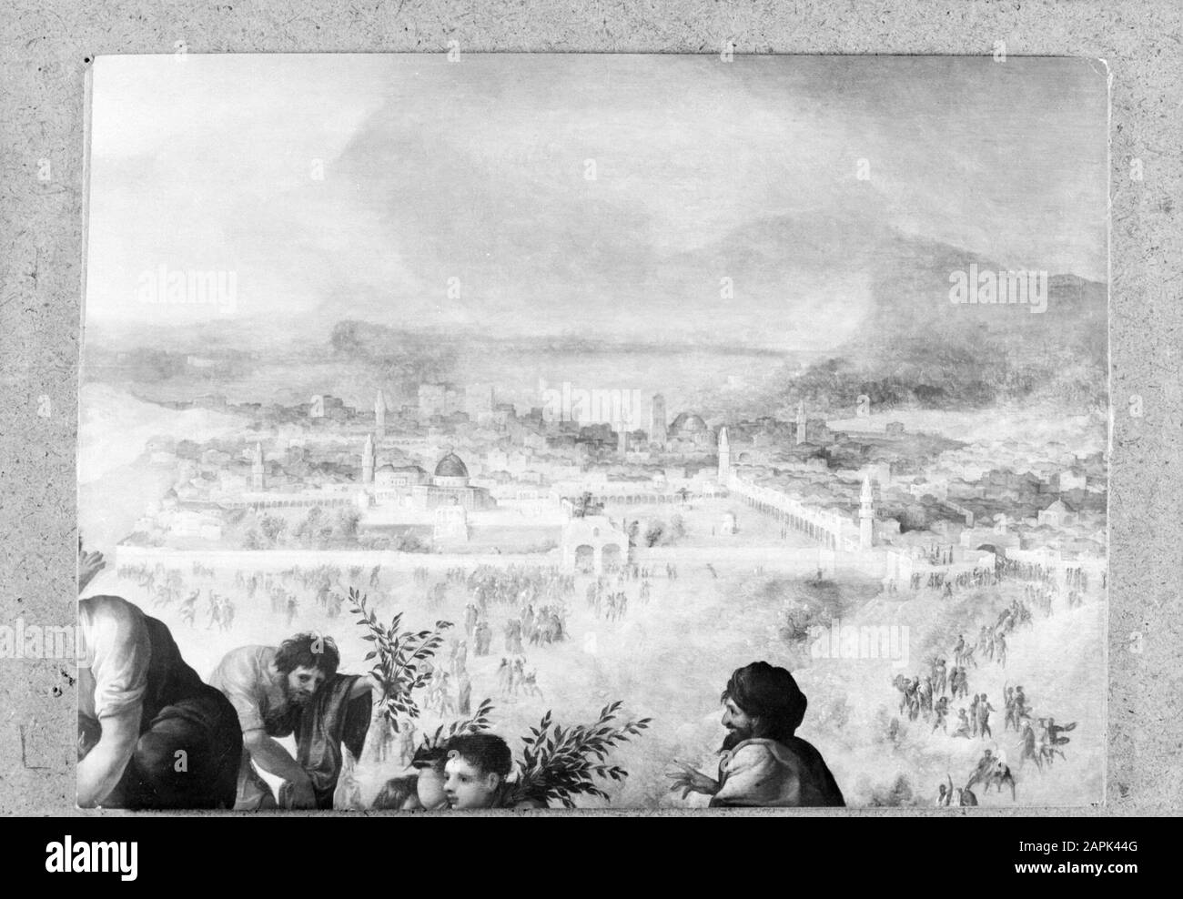 Jérusalem dans l'art Description: Détail d'une peinture représentant l'entrée de Jésus-Christ et de ses disciples à Jérusalem sur les Palmpases. La ville de Jérusalem en arrière-plan Date: {1953-00-00} lieu: Jérusalem, Jordanie mots clés: Peintures Nom personnel: Jésus Christ Banque D'Images