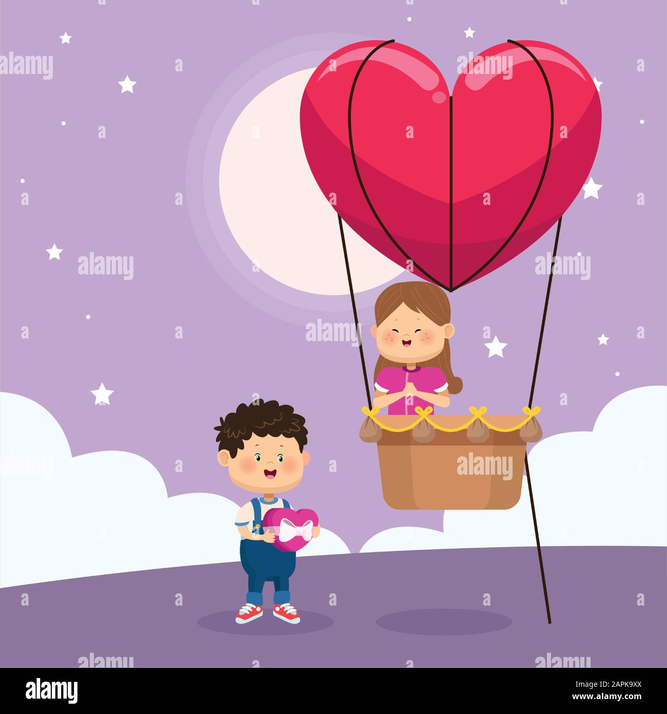 joyeux garçon et fille sur ballon d'air de coeur, design coloré Illustration de Vecteur