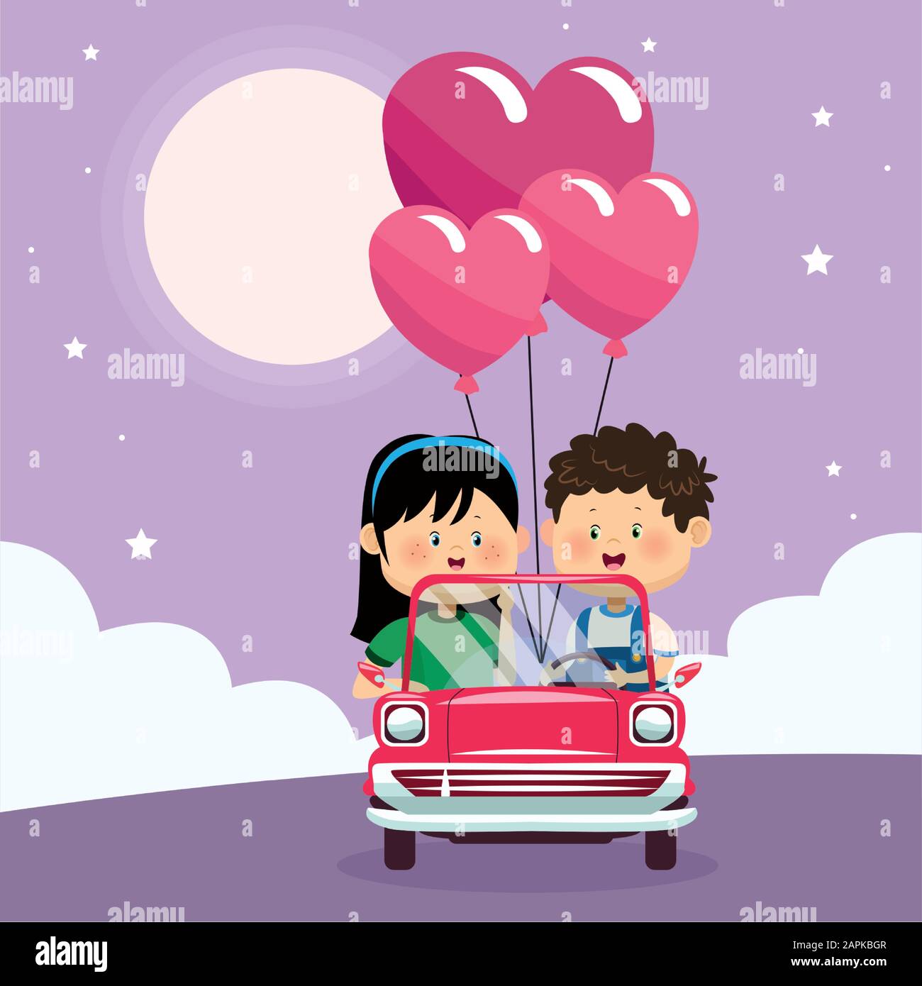 couple heureux avec des ballons de coeur sur la voiture classique, design coloré Illustration de Vecteur