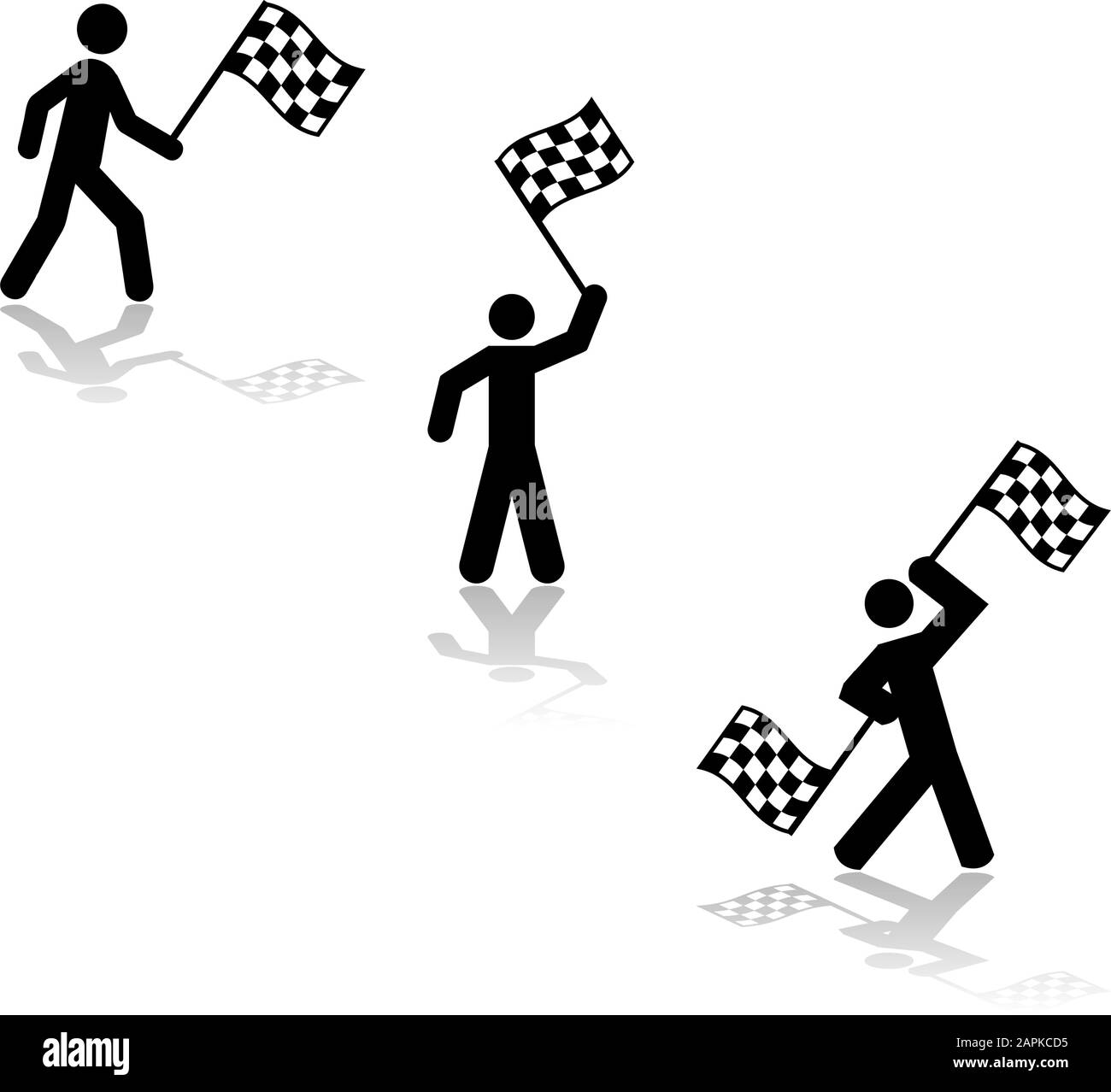 Jeu d'icônes montrant une personne qui agité des drapeaux de course à la fin d'un concours Illustration de Vecteur