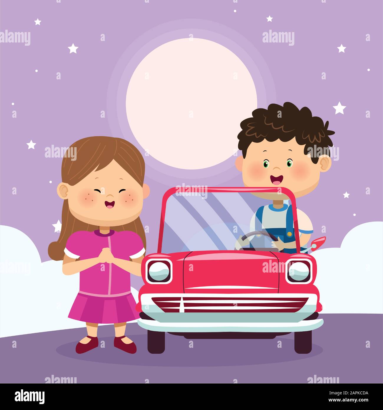 bonne fille et garçon en voiture classique, design coloré Illustration de Vecteur